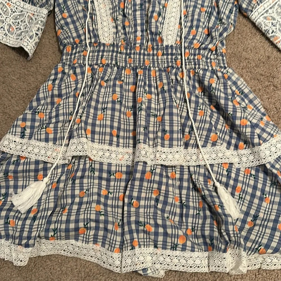 The Shirt Rochelle Behrens Plaid Ruffle Lace Oranges Print Tassle Mini Dress - Picture 5 of 6